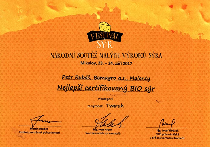 DIPLOM: Nejlepší certifikovaný BIO sýr